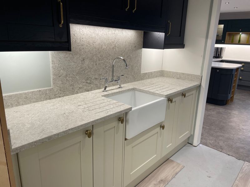 Irini Quartz is a beautiful and warm colour from Fugenstone range of quartz. 
We have fitted many worktops in the last few years and now it has been added to our showroom displays.: Swipe To View More Images