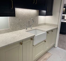 Irini Quartz is a beautiful and warm colour from Fugenstone range of quartz. 
We have fitted many worktops in the last few years and now it has been added to our showroom displays.: Click Here To View Larger Image